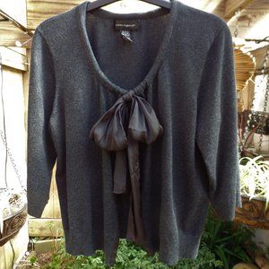 Cable & Gauge dark gray cropped cardigan with necktie ribbon and satin ribbon